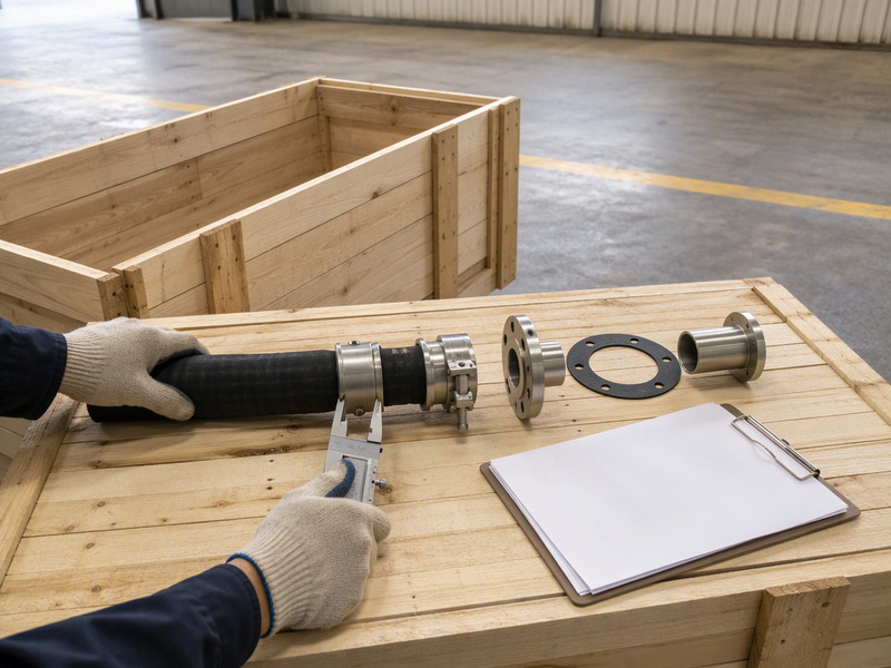 Receiving inspection of a chemical hose assembly checking the coupling, clamp unit, flange, gasket and markings