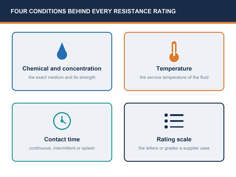 Diagram showing the four conditions behind a chemical resistance chart rating