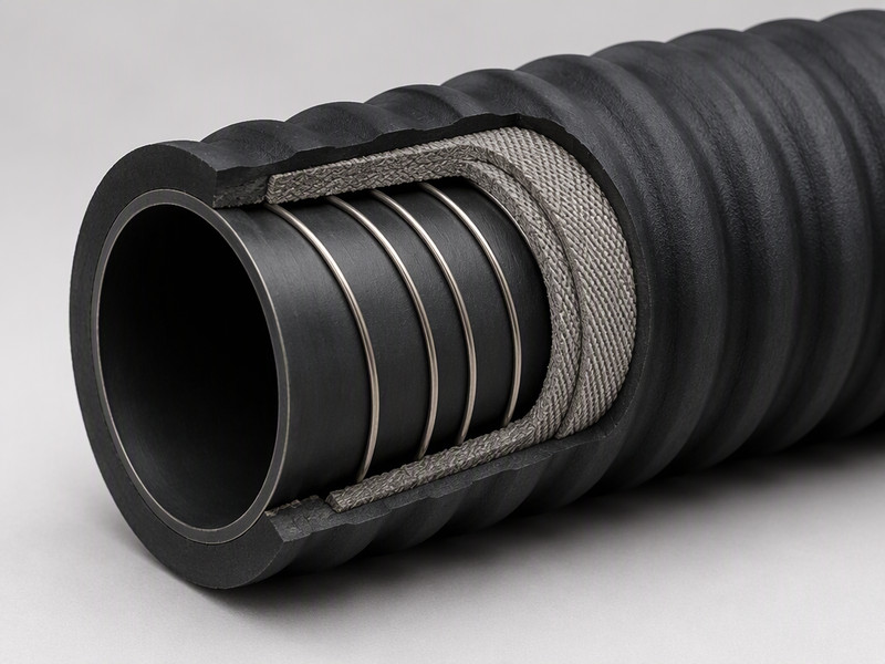 Cutaway of a suction and discharge hose showing the internal helix and reinforcement layers