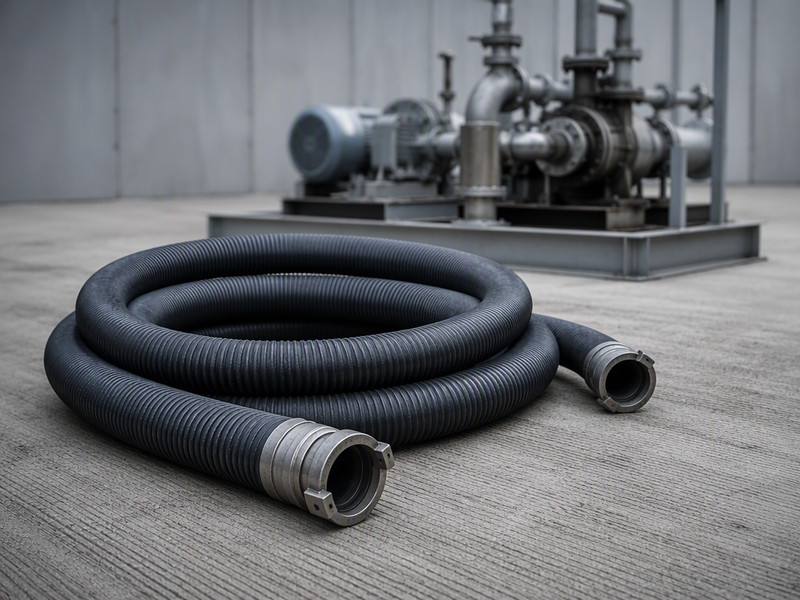 Chemical suction and discharge hose coil on a plant floor with pump skid