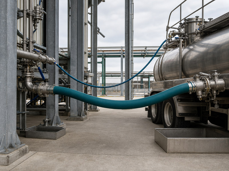 Tank truck hose assembly connected on a chemical tank truck loading rack with a vapor return line