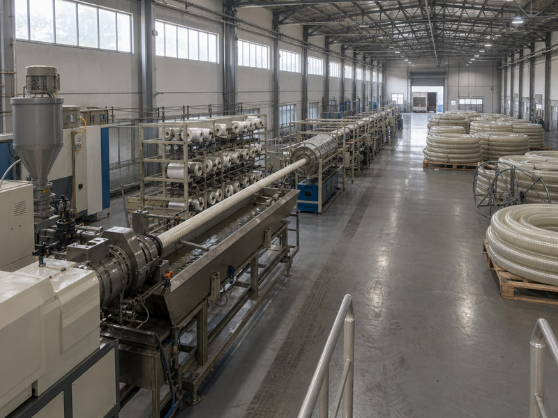 A chemical hose plant walked in process order, from the extruder to the loading dock