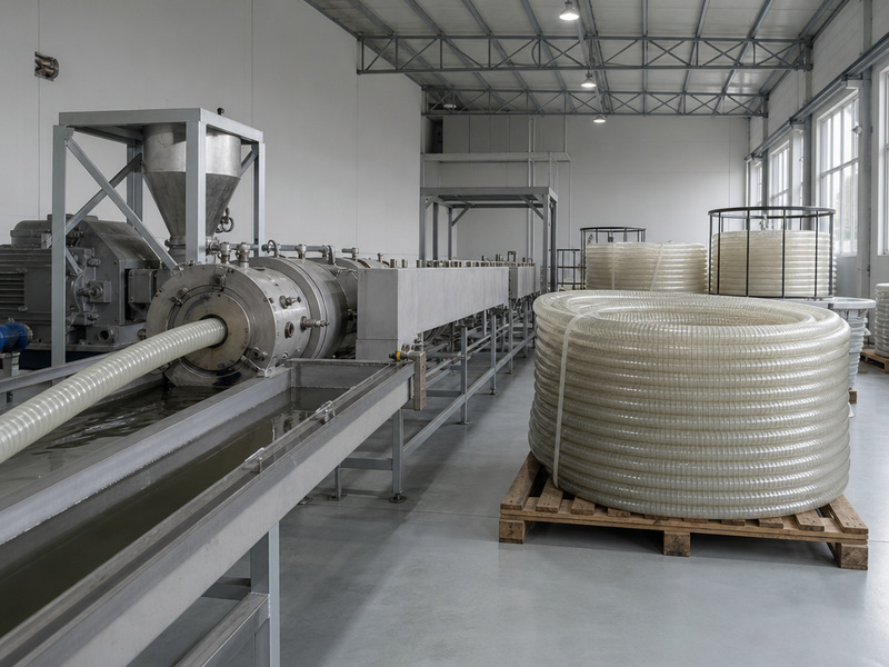 An unreadable factory production floor with a hose extrusion line and coiled hose, seen from the walkway.