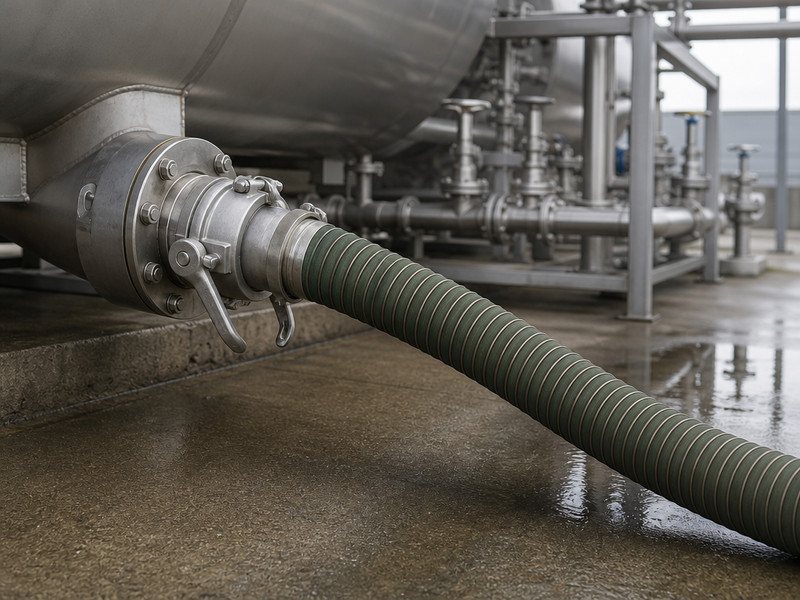 Composite chemical hose connected to a tank truck outlet with camlock couplings