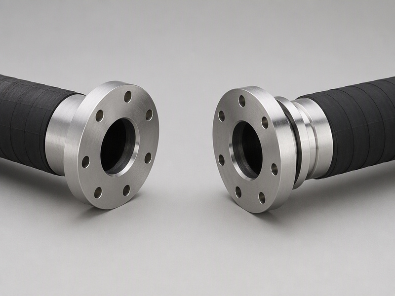 Side by side view of a fixed flange end locked to a composite hose and a floating swivel flange end that rotates on a stub