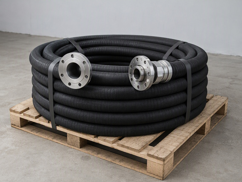 A completed composite hose assembly coiled on a pallet with a fixed flange at one end and a floating swivel flange at the other, both ends visible.