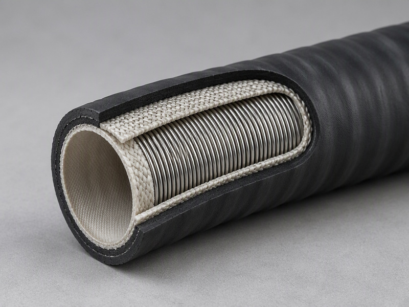 Cutaway view of a multilayer thermoplastic composite hose assembly showing the film and fabric core, textile reinforcement, a steel helix, and the outer cover