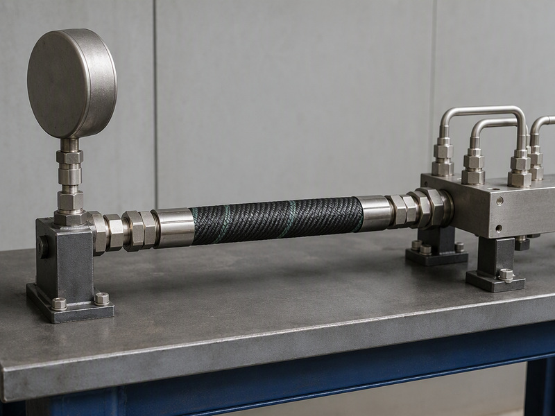 A composite hose assembly mounted on a hydrostatic proof test bench with a pressure gauge and a test manifold in view