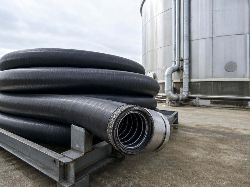 Composite hose coil on a loading rack at a chemical tank terminal