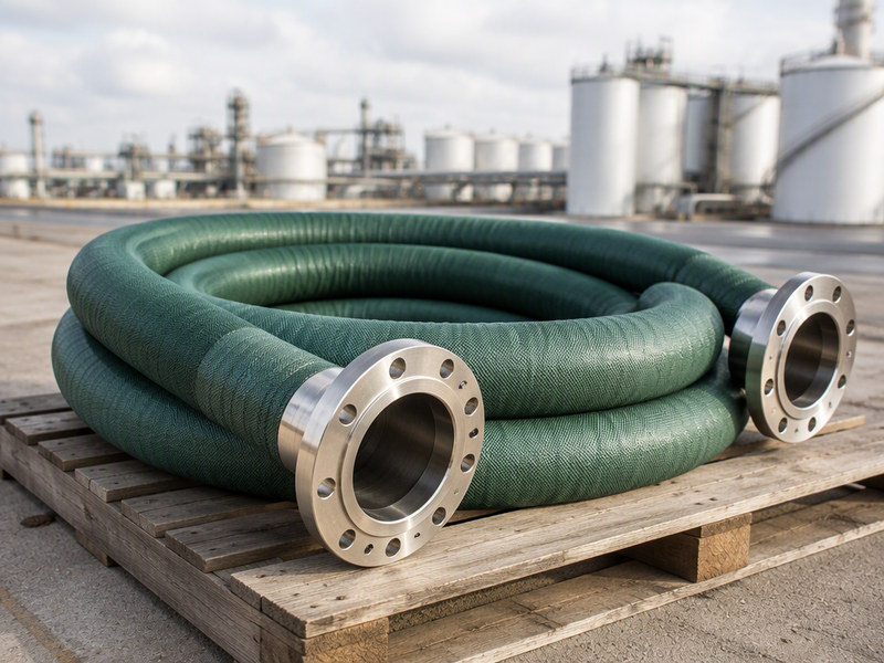 Composite hose coil with green PVC coated cover and stainless steel end fittings on a loading dock
