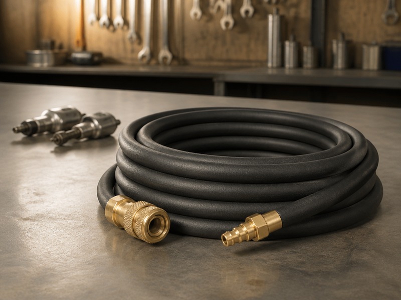 Coiled compressed air hose with brass quick-connect couplers on a workshop bench