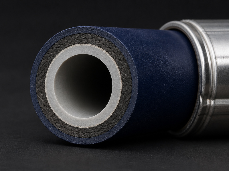 Cut-away view of an EN 13765 thermoplastic composite chemical hose showing its layers