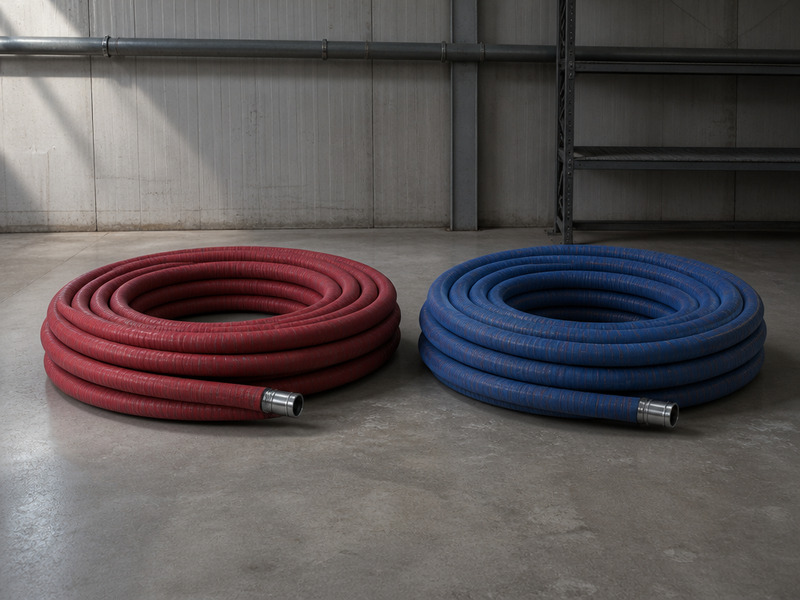 Two coiled EPDM steam hoses side by side, one 170 °C grade and one 230 °C grade