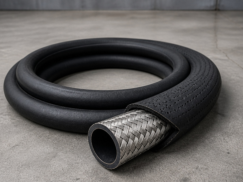 Coiled EPDM steam hose with steel wire braid and a pin-pricked cover on a plant floor