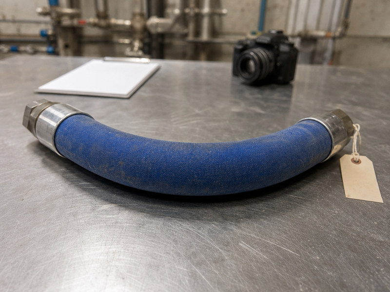Failed chemical hose assembly logged on an inspection bench before root-cause work begins