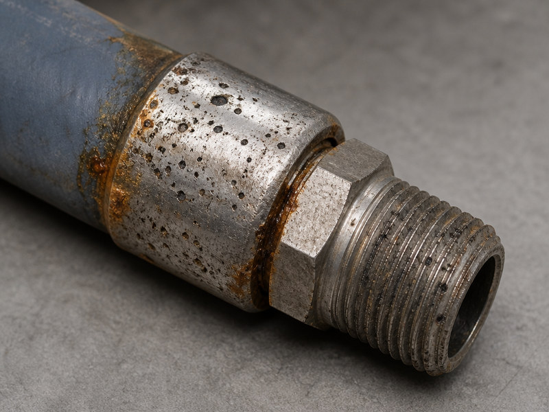 Hose fitting end showing galvanic corrosion and pitting at the ferrule