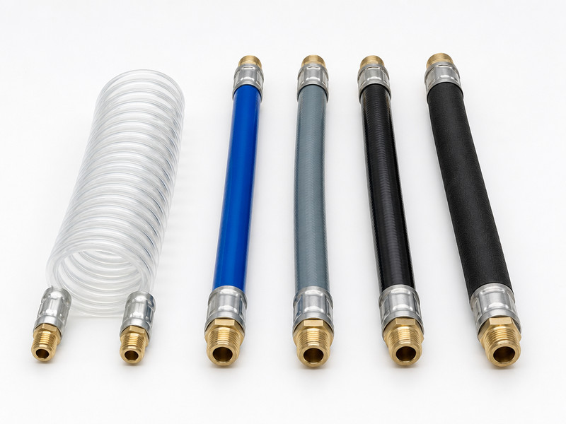 HENGHUA air hose range including PVC, hybrid, polyurethane and rubber hoses with crimped fittings