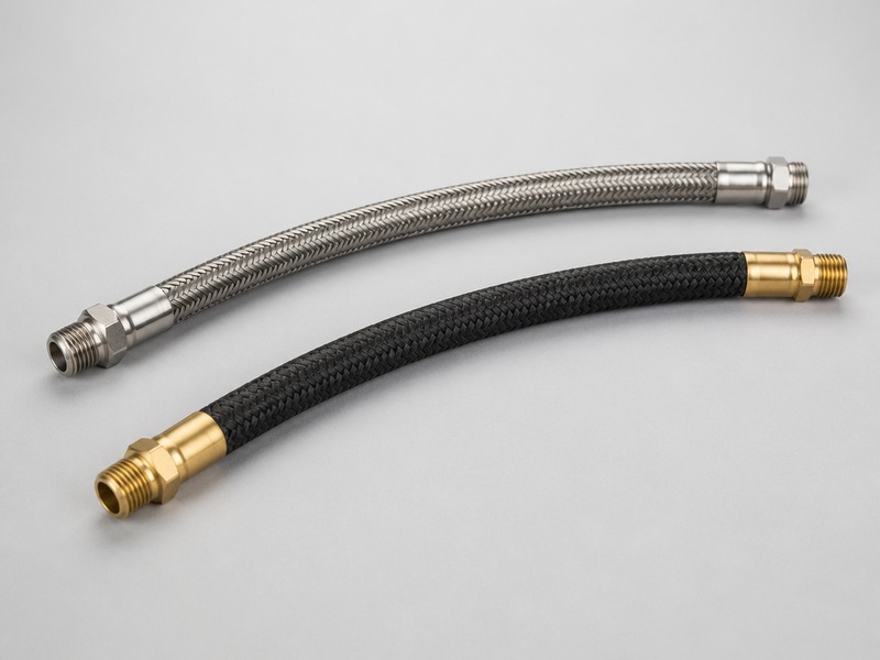 HENGHUA textile braided air hose with crimped brass fittings and a wire braided high pressure hose alongside, both pressure-tested before shipping