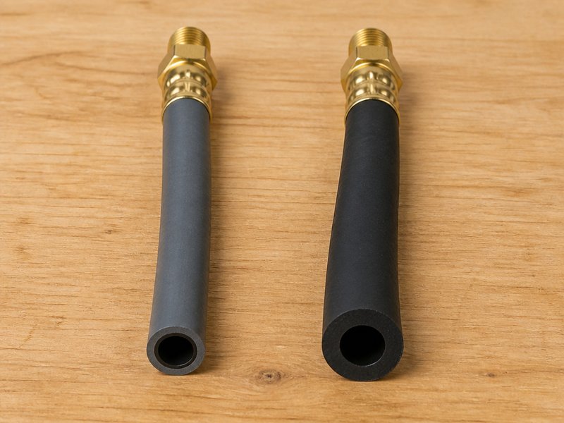 HENGHUA hybrid air hose and rubber air hose side by side on a workshop bench