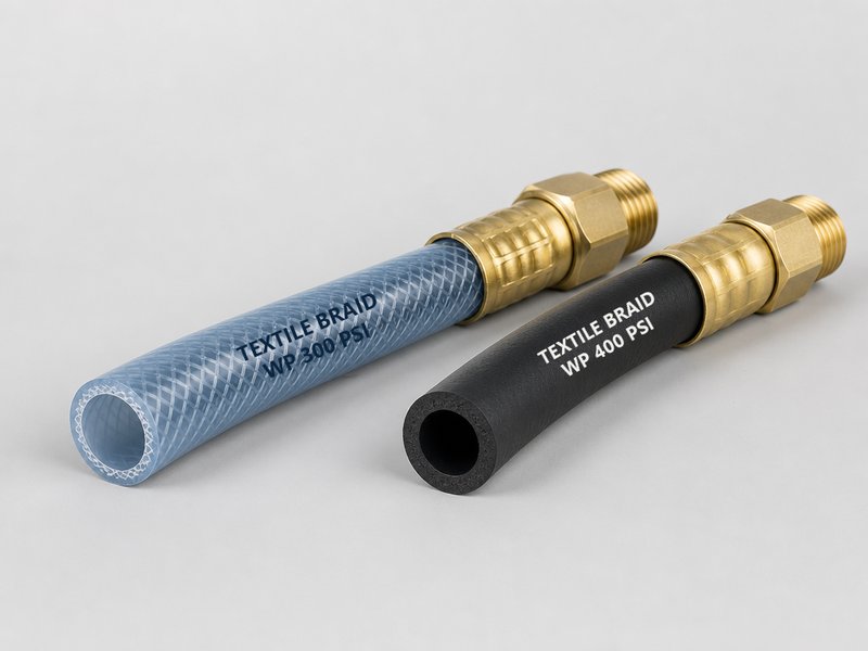 HENGHUA PVC and rubber air hoses side by side with factory-crimped brass fittings, showing the difference in wall construction