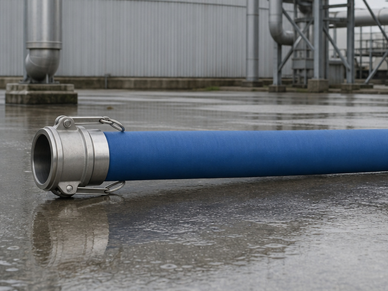 Blue chemical hose with a cam and groove coupling fitted to its end