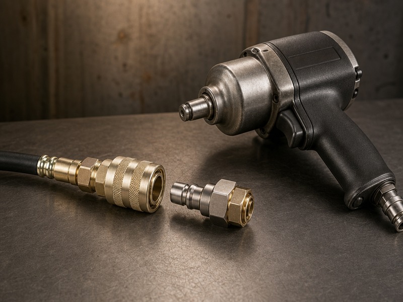 High flow quick connect couplers with a 1/2 inch plug and socket beside a heavy-duty impact wrench on a workshop bench