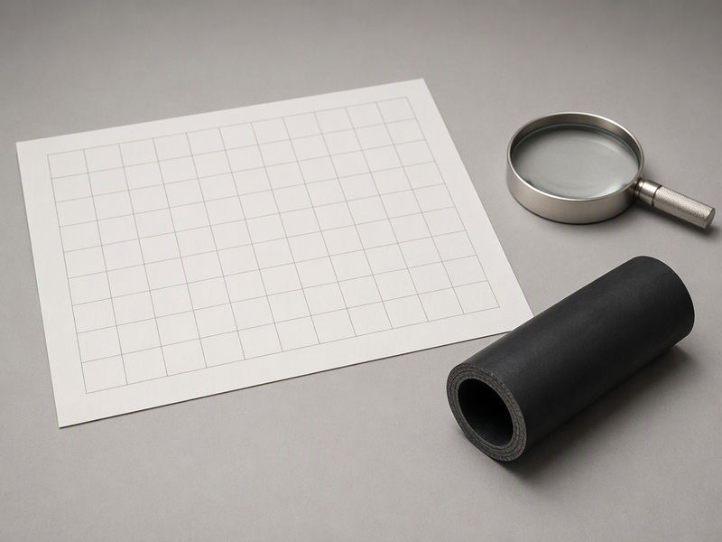 Printed chemical resistance chart beside a hose tube sample on a bench