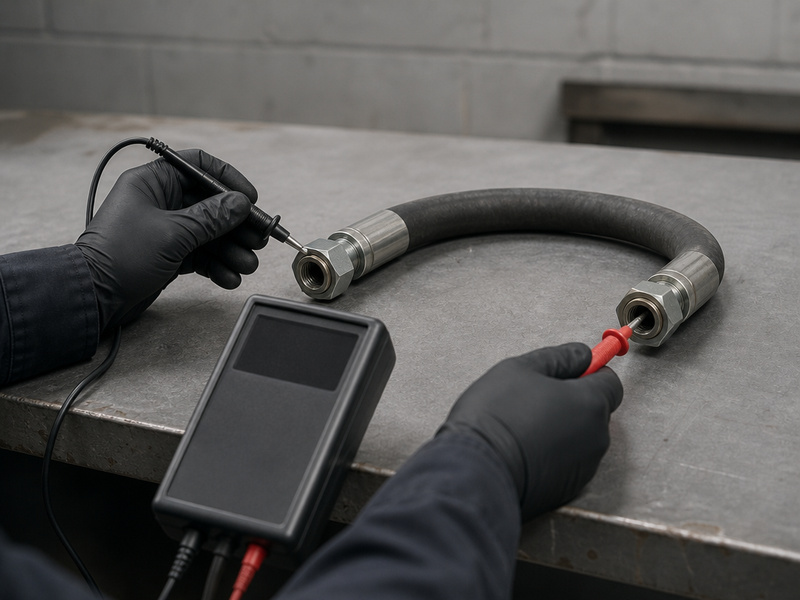 Technician measuring hose continuity resistance between two metal end fittings with a meter