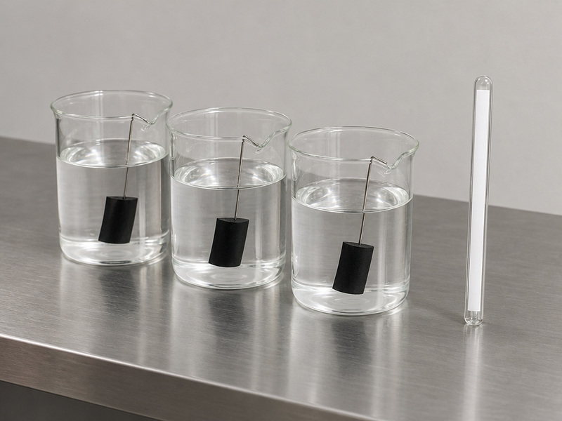 Hose tube material coupons immersed in a labeled liquid in a laboratory bath