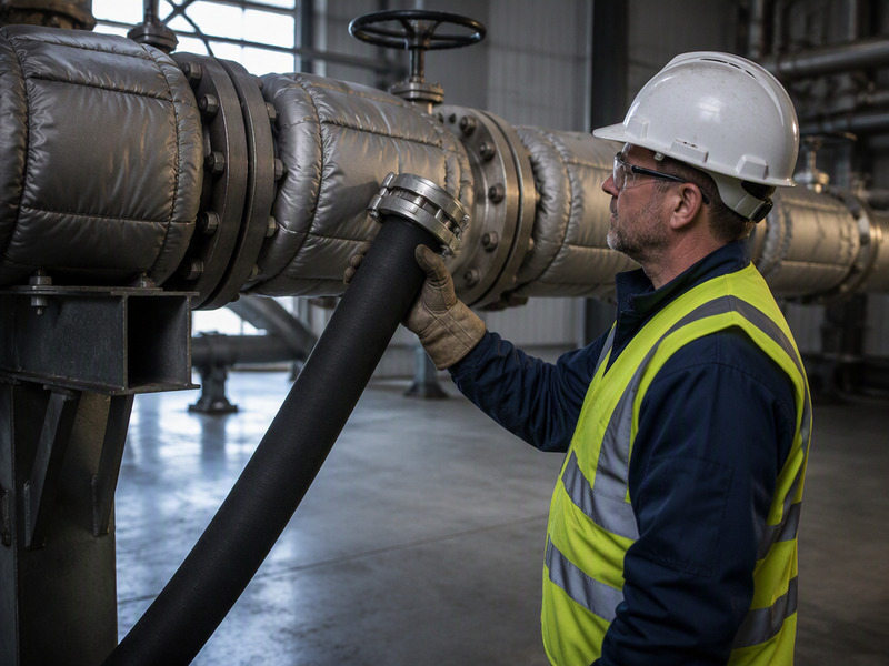 Engineer checking a steam hose specification against a plant steam header