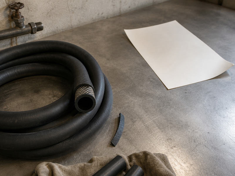 A steam hose datasheet on a workbench beside a coiled steam hose
