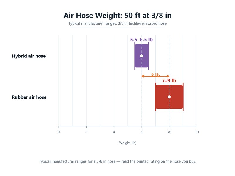 Weight comparison chart for a 50-foot 3/8-inch air hose, showing a hybrid air hose at 5.5 to 6.5 lb against 7 to 9 lb for a rubber air hose