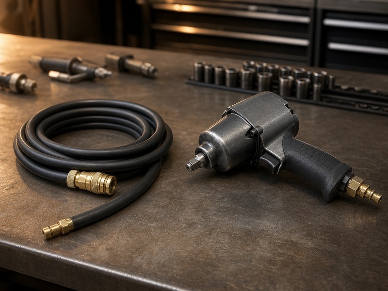 Half-inch pneumatic impact wrench connected to a 3/8 inch rubber air hose in an auto workshop