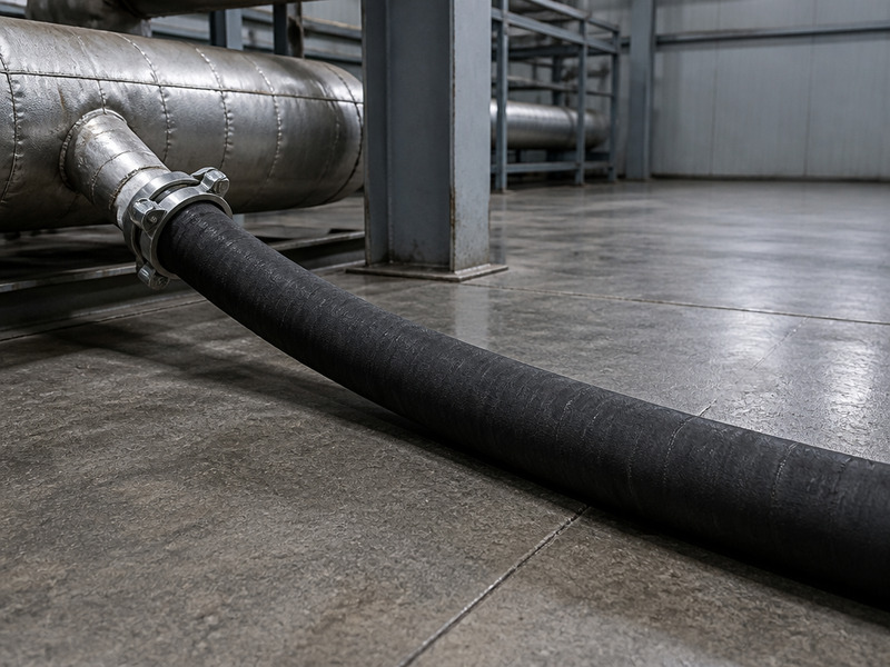 Industrial steam hose on a plant floor connected to a steam header with a bolted safety clamp
