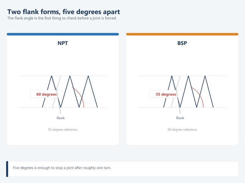 Close-up comparison of a 60 degree NPT thread and a 55 degree BSP thread flank profile