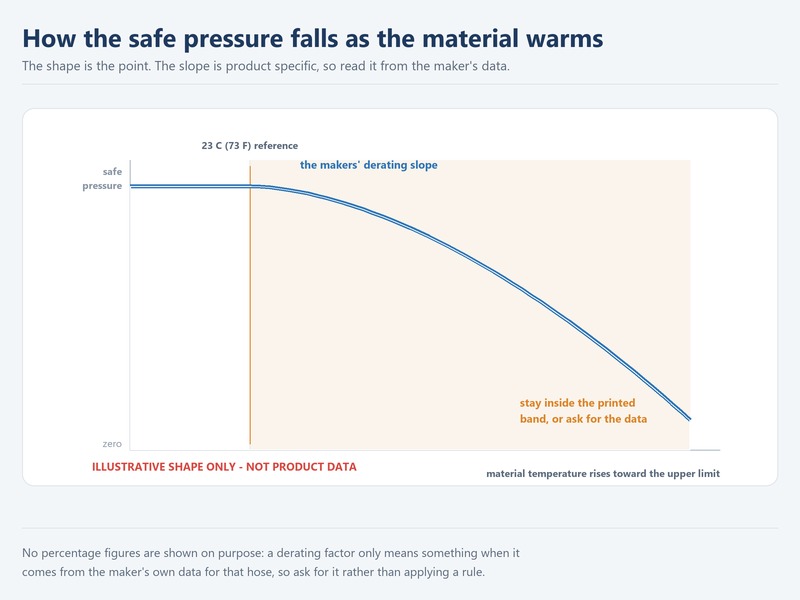 Chart showing how air hose pressure rating is reduced as temperature rises toward the material limit