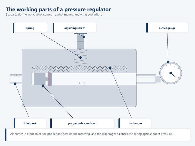 Cutaway diagram of an air pressure regulator showing the inlet port, poppet valve and seat, diaphragm, spring, adjusting screw and outlet gauge