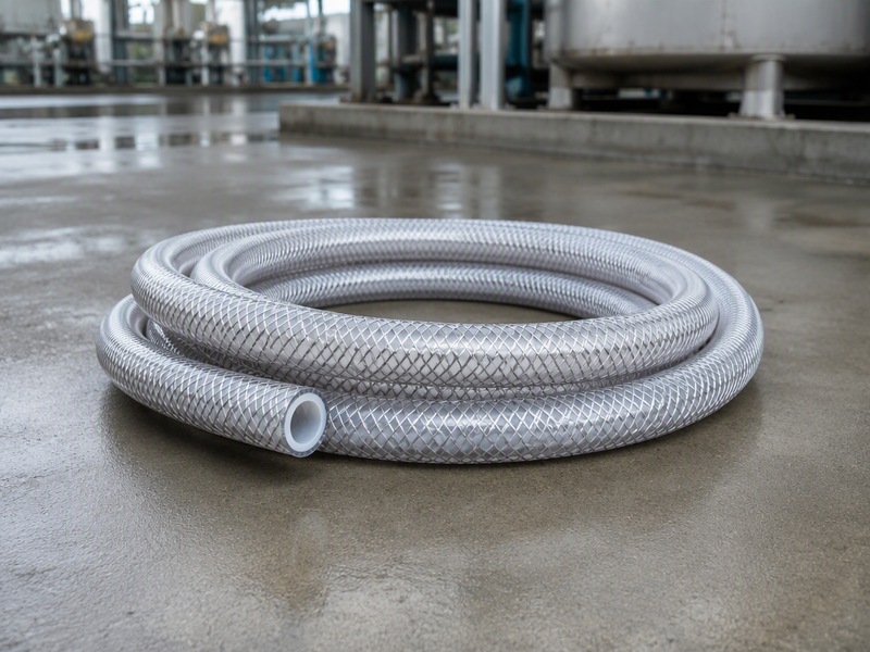 White PTFE chemical hose with stainless steel braid coiled on a chemical plant floor