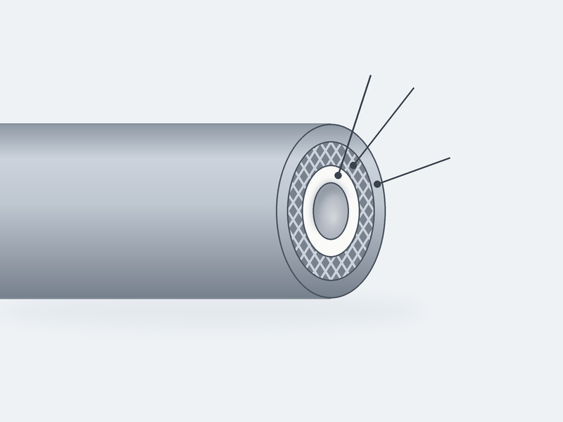 Cross-section of a PTFE chemical hose showing the PTFE liner, stainless steel braid and outer cover