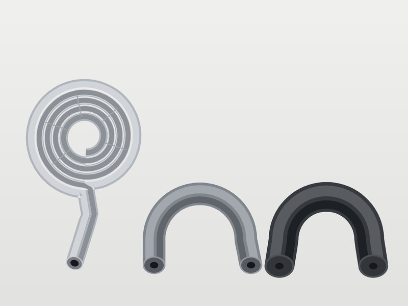 Three air hoses of the same 3/8 inch bore — PVC, hybrid and rubber — coiled to the same diameter showing different kink behavior