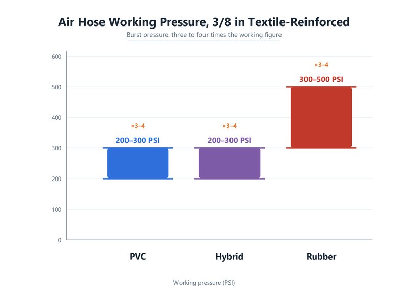 Bar chart of air hose working pressure by material for a 3/8-inch hose, with the three-to-four-times burst factor shown alongside