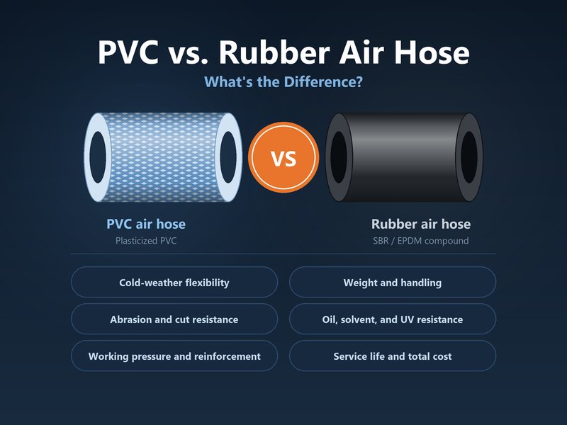 PVC air hose and rubber air hose compared side by side, with the six performance differences covered in this guide