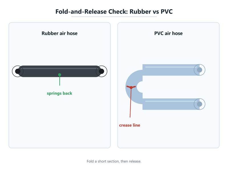 Folding a short section of PVC air hose and rubber air hose to compare how quickly each recovers its shape after release