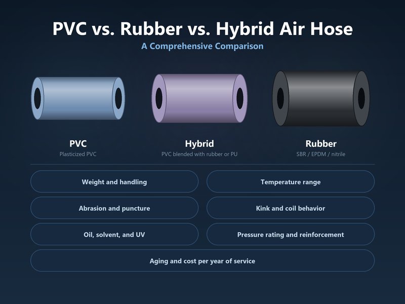 PVC, hybrid and rubber air hose samples side by side, showing the three-material comparison covered in this guide