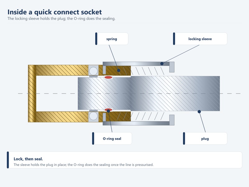 Cutaway of a quick connect coupler showing the locking sleeve, spring and O-ring seal