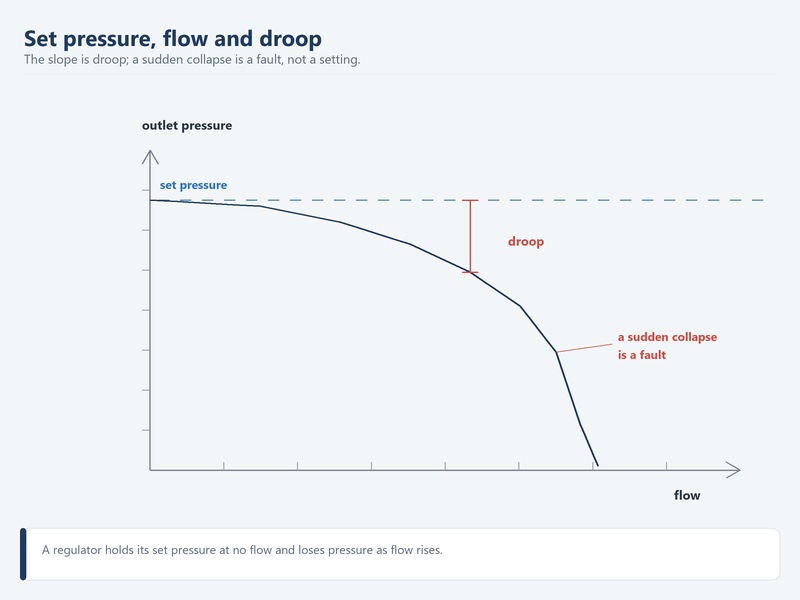 Graph of regulator pressure against flow, showing set pressure held at no flow and falling as flow increases
