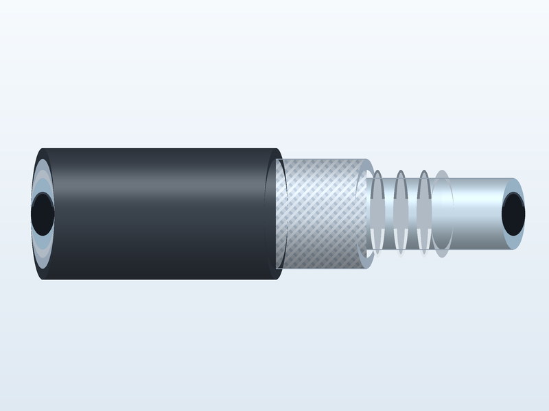 Cutaway of a rubber chemical hose showing the inner liner, textile reinforcement, steel helix and outer cover