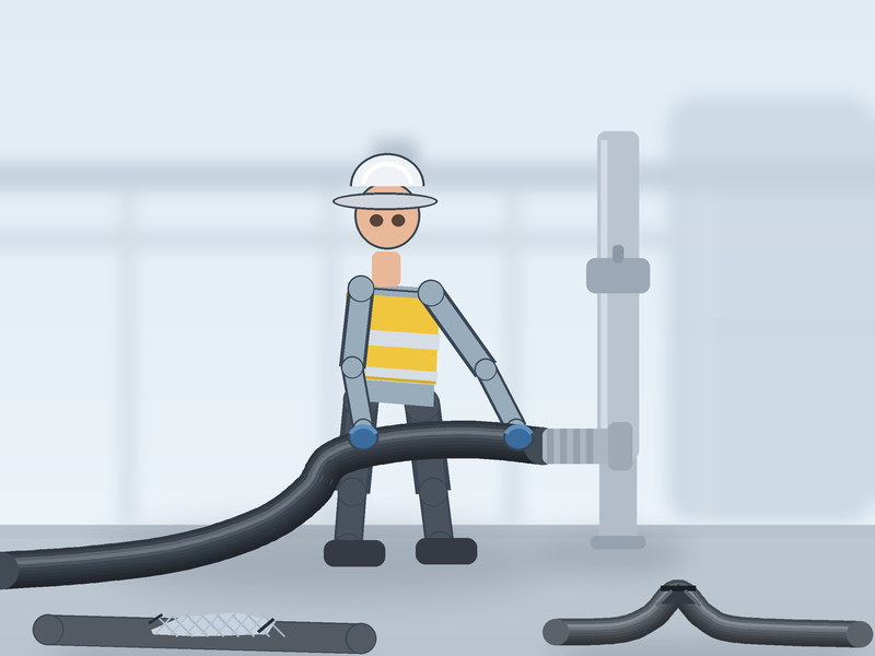 Technician checking a rubber chemical hose cover, fitting and bend radius for cuts, blisters and kinks during an inspection