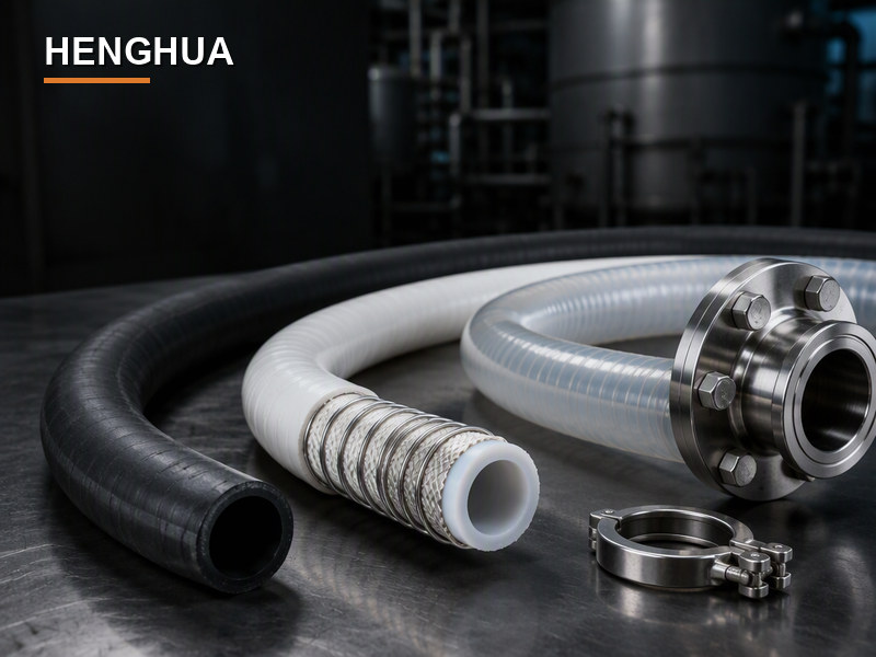 Rubber, PTFE and UHMWPE chemical hose and fittings on a stainless steel bench