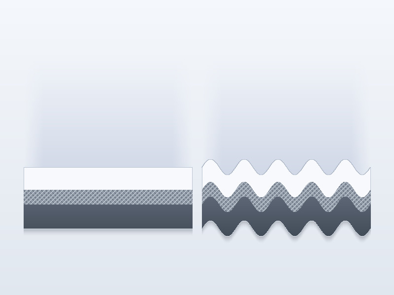 Cutaway comparison of a smooth-bore PTFE liner and a convoluted PTFE liner with a ribbed internal wall